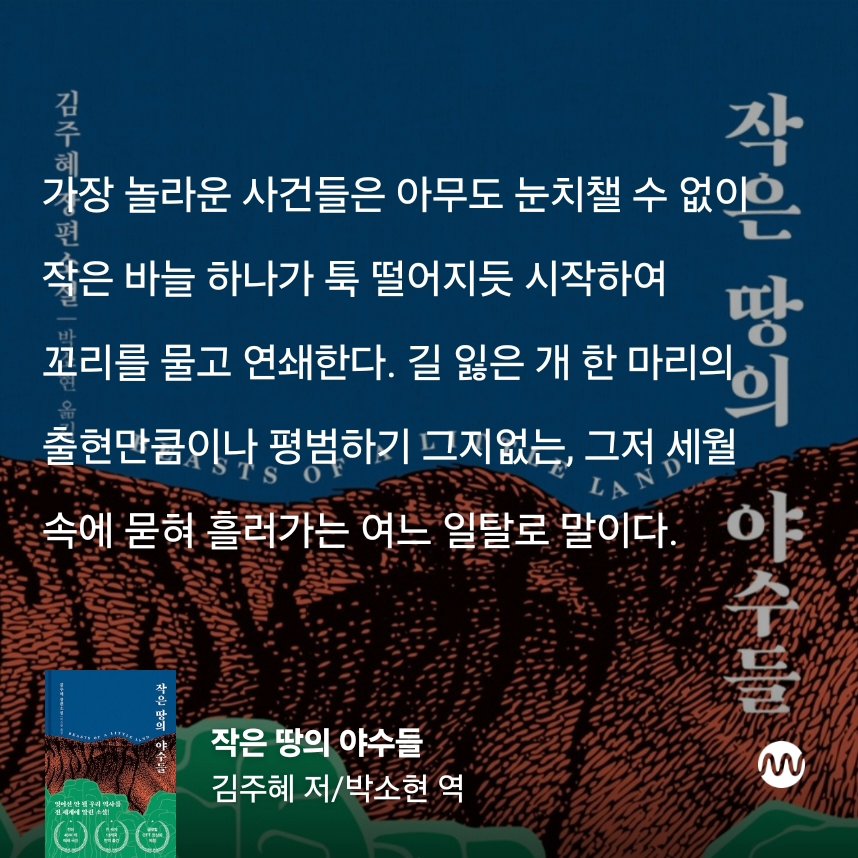 가장 놀라운 사건들은 아무도 눈치챌 수 없이 작은 바늘 하나가 툭 떨어지듯 시작하여 꼬리를 물고 연쇄한다. 길 잃은 개 한 마리의 출현만큼이나 평범하기 그지없는, 그저 세월 속에 묻혀 흘러가는 여느 일탈로 말이다. 

<작은 땅의 야수들>, 김주혜 저/박소현 역