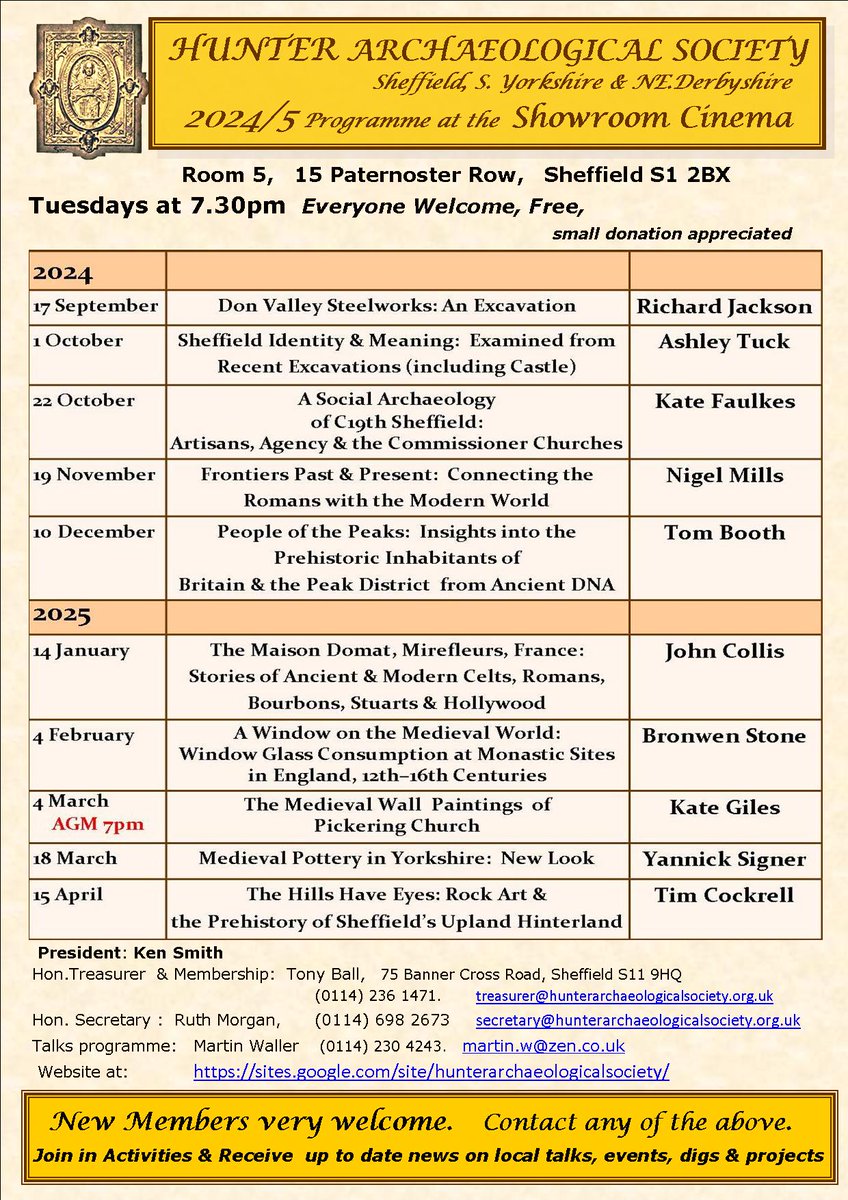 Hunter Archaeological Society (@hunterarchsoc) on Twitter photo Updated programme of talks for the 2024-2025 season due to a clash with Ashley Tuck from Wessex Archaeology delivering the Barraclough Lecture at the Royal Victoria Hotel on the 25th March.  Yannick Signer is now coming to Sheffield on Tuesday 18 March. Updated programme of talks for the 2024-2025 season due to a clash with Ashley Tuck from Wessex Archaeology delivering the Barraclough Lecture at the Royal Victoria Hotel on the 25th March.  Yannick Signer is now coming to Sheffield on Tuesday 18 March.