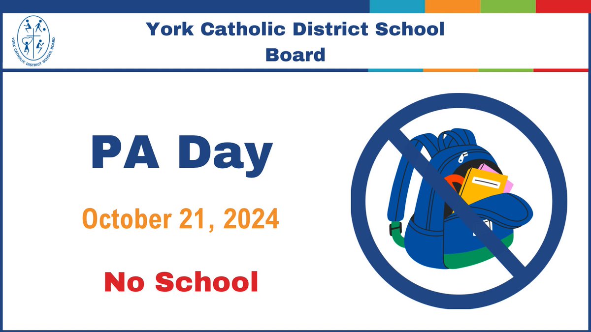 Good morning YCDSB Families!
A reminder that Monday, October 21 is a PA Day for ALL YCDSB Elementary and Secondary students. 
Be safe, enjoy your day and May God bless you. 😊🙏 #YCDSB #CatholicEducation