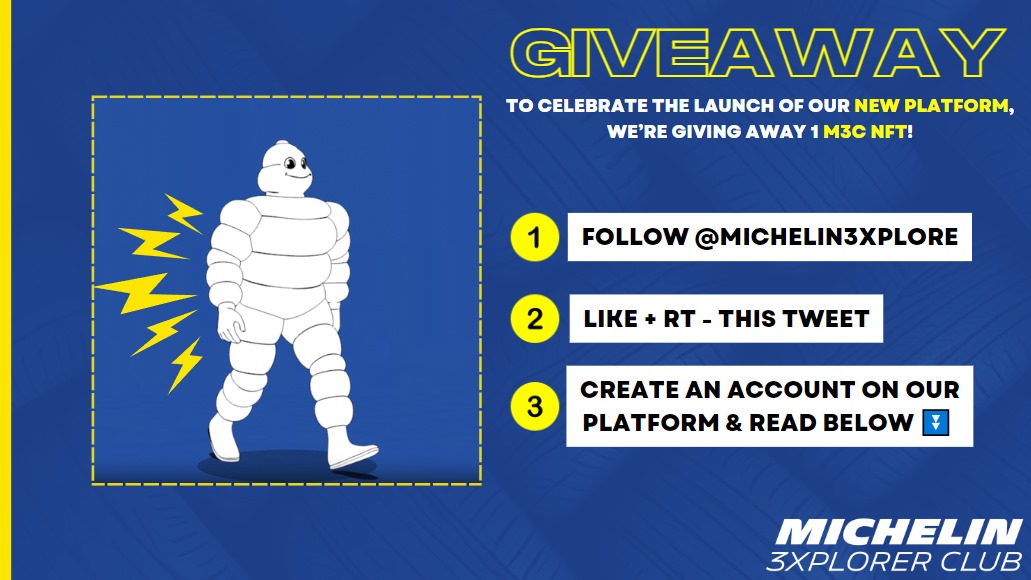🎁𝐌𝐢𝐜𝐡𝐞𝐥𝐢𝐧 𝟑𝐱𝐩𝐥𝐨𝐫𝐞𝐫 𝐂𝐥𝐮𝐛 - 𝐆𝐈𝐕𝐄𝐀𝐖𝐀𝐘🎁

We’re giving away 1⃣ x 𝐌𝟑𝐂 𝐍𝐅𝐓! 

To enter:

1⃣ Follow <a href="/Michelin3xplore/">Michelin 3xplorer Club</a> 
2⃣ Like + RT this tweet
3⃣ Create an account on our platform 
4⃣ Read below

End of the contest ➡️ 21 Oct. - 9PM (CET) ⌛️

(1/5) 🧵