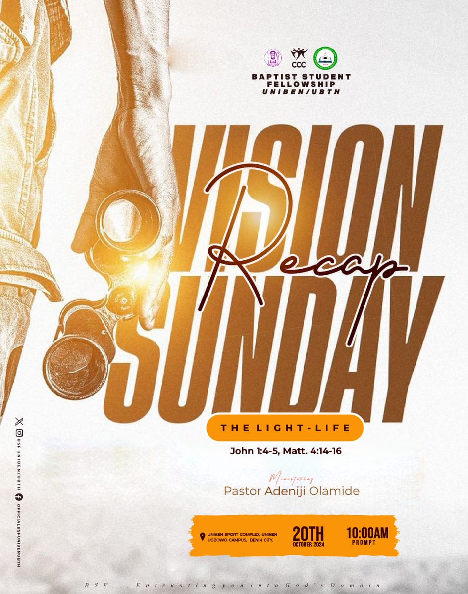bsfunibenubth's tweet photo. Join Us for Service Tomorrow as we gather in worship and fellowship in the Word. 
We are beacons that darkness cannot diminish because we bring enlightenment and the revelation of the gospel into the hearts of men
Come, be a part of this beautiful family!
#bsfunibenubth #uniben https://t.co/K9smmpAhym