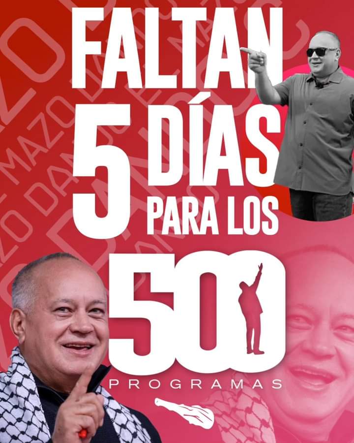 #ContraElFascismoTunTun Se dice fácil, pero hacer 500 programas en 10 años, da un promedio de 50 programas por año, es decir, solo dos semanas de descanso anualmente; habla de la constancia y compromiso con la difusión de la verdad y del legado del Cmdte Hugo Chávez. <a href="/dcabellor/">Diosdado Cabello R</a>
