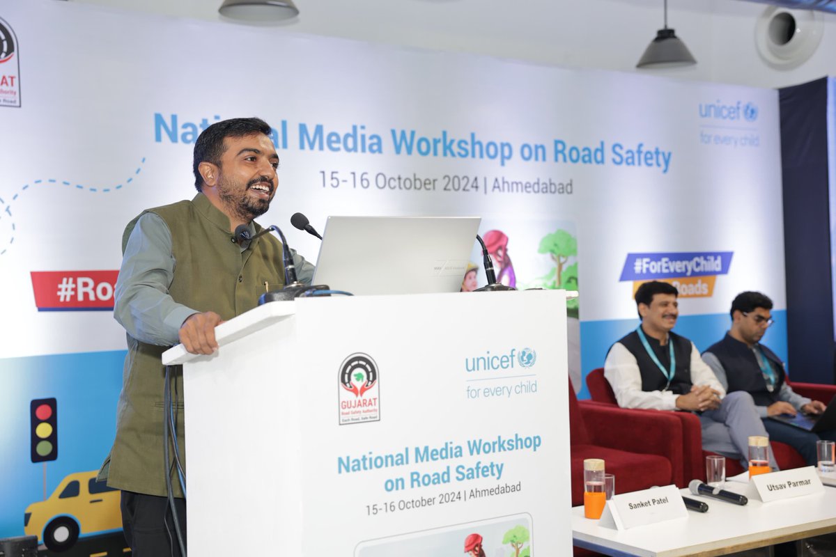 utsav_india's tweet photo. Pleased to be part of a  national workshop on media's role to promote #road safety. Radio, print and TV can help promote awareness on #helme
ts use, #safe driving speeds and use of #seat belts. Congratulations to #UNICEF and # Gujarat Road Safety Authority on this collaboration. https://t.co/4yLIr2MGb0