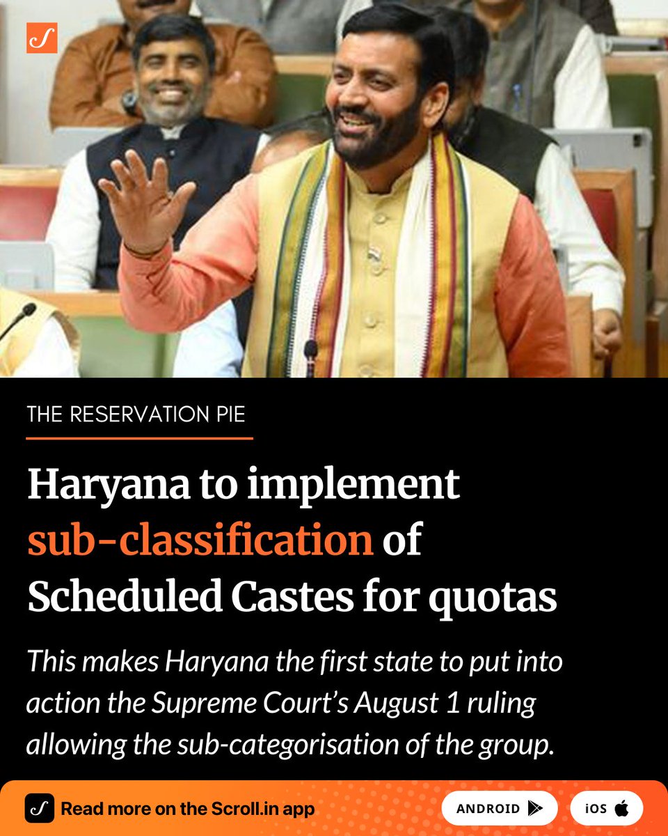 scroll_in's tweet photo. This makes Haryana the first state to put into action the Supreme Court’s August 1 ruling that allowed for the sub-classification of the Scheduled Caste and Scheduled Tribe categories for the purpose of reservation.
https://t.co/dgMoqtWej9
#scstsubclassification https://t.co/Wecg5J3no7