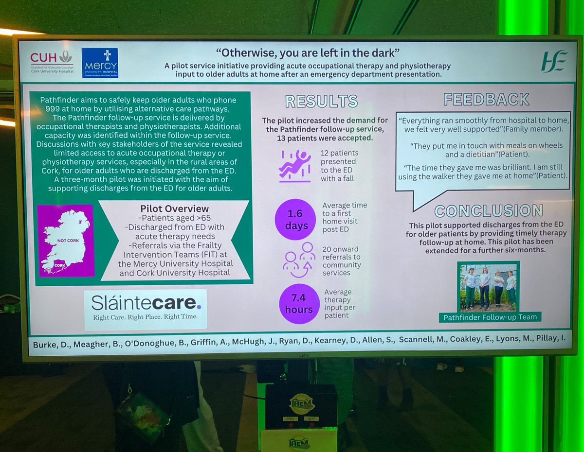 Great day at <a href="/AssocEmergMedIE/">IAEM</a> conference yesterday, delighted to present our pilot service, providing timely OT/PT follow up to older adults discharged from the ED, a collaboration between Cork Pathfinder,  CUH and Mercy FIT <a href="/AislinnGriffin1/">Aislinn Griffin</a> <a href="/BredaMeagher/">Breda Meagher</a> <a href="/Brid_OD/">Bríd O'Donoghue</a> <a href="/IsweriPillay/">Isweri Pillay</a>