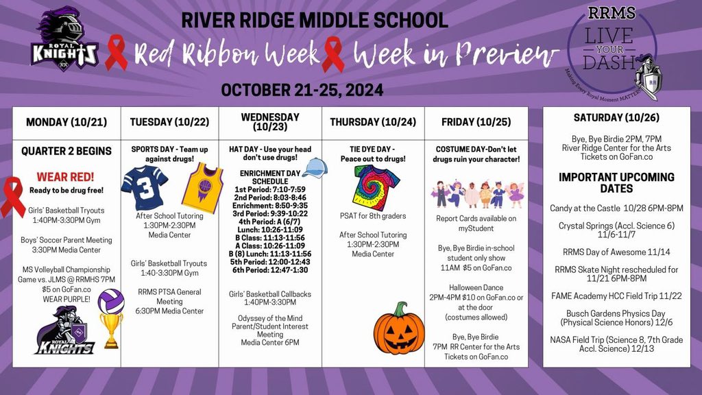 Check out the RRMS Week in Preview for 10/21-10/25 - It’s Red Ribbon Week!: rrms.pasco.k12.fl.us/?page_id=4213

Get involved and be drug free with dress up days, the Red Ribbon Pledge at lunches, door decorating contest, and the Halloween Dance! #WeAreRoyal