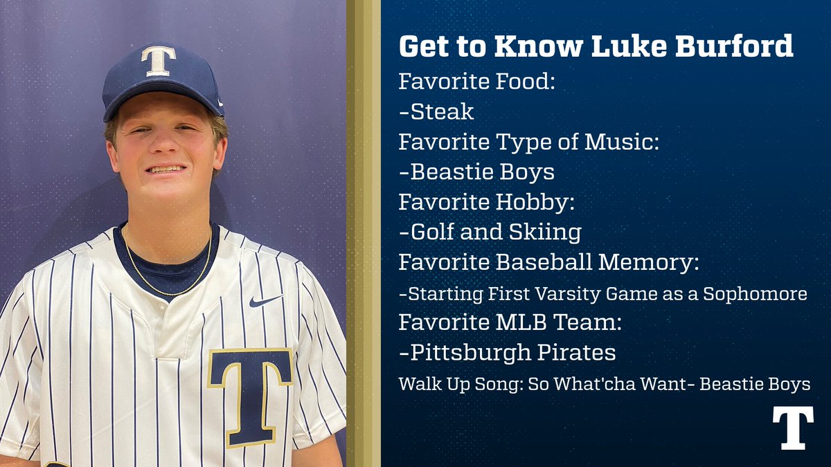 Thunder Baseball Spotlight: Luke Burford-SO SS 
Hometown: Crown Point, IN
High School: Crown Point HS
Accomplishments: - HS- Dunland Conference- All Conference
-Team MVP
-All District
North South All Star Golden Glove Award
- Trine Rookie of the Year