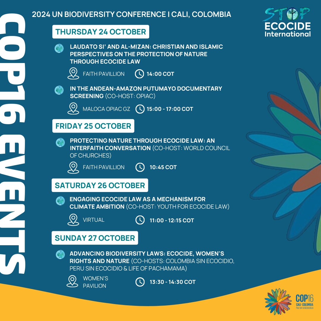 Countdown to #COP16Colombia! 🌎🗓️

Don’t miss our panel events and screenings related to #ecocidelaw at the 2024 UN Biodiversity Conference #COP16🌱

INFO: stopecocide.earth/cop16-colombia

#StopEcocide <a href="/ecosia/">Ecosia</a> <a href="/PlaneteAmazone/">Planète Amazone</a> <a href="/VanuatuUN/">Vanuatu UN</a> <a href="/OPIAC_Amazonia/">OPIAC</a>