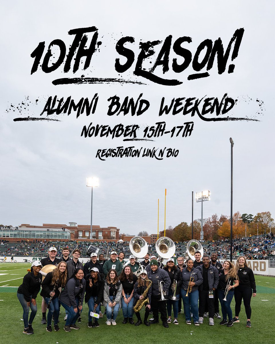 PNNMB's tweet image. We invite ALL Pride of Niner Nation Alumni to join us for our first Alumni Band Weekend, November 15th-17th!

More details about alumni events and schedules will be made available soon!

The registration deadline is November 6th at 11:59 PM. Registration link in bio! ⛏️💚