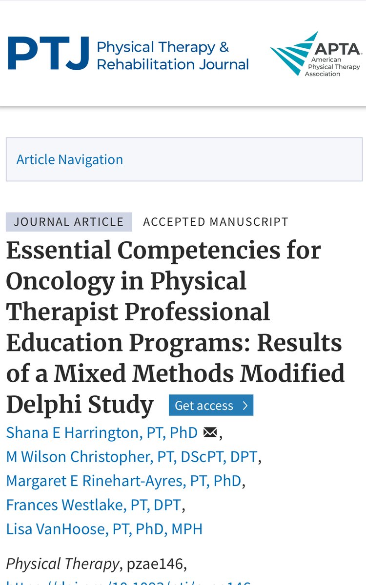 Oncology physical therapy now has peer-reviewed, evidence-based guidelines that define the foundational knowledge and skills  for entry-level PTs to provide care for individuals with Cancer. 
academic.oup.com/ptj/advance-ar… 
#cancerrehabstandardofcare #cancerrehab #aptaoncology