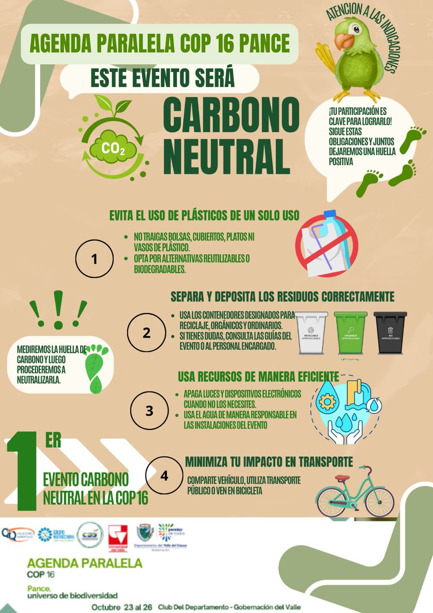 Este Evento Debe Ser Carbono Neutral 🌍
¡Tu participación es clave para lograrlo! Sigue estas obligaciones y juntos dejaremos una huella positiva:

1. Evita el uso de plásticos de un solo uso 🚫
No traigas bolsas, cubiertos, platos ni vasos de plástico.
Opta por alternativas