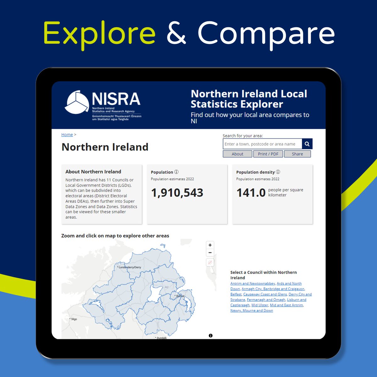 NISRA's tweet photo. It’s Maths Week Ireland!

What better way to celebrate than exploring the statistics for your local area?

Check out the Local Statistics Explorer for insights into your area!

➡️Explore more:
https://t.co/7Sbch2vw9j

#LocalAreaExplorer
#MathsWeek
#MathsAtWork
#IUseMaths https://t.co/S2S5QTjDCQ