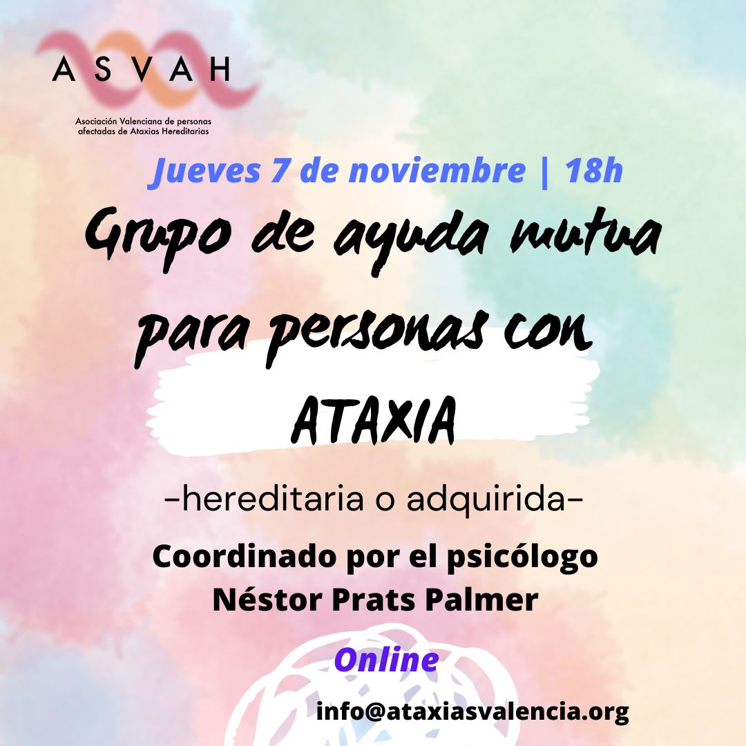 ASVAH Asociación Valenciana de Ataxias (@asvah_ataxias) on Twitter photo próxima reunión de nuestro GAM girará en torno a la GESTIÓN EMOCIONAL, y será:
➡️gratuito
📷online
Si quieres participar, envía un mail a info@ataxiasvalencia.org y te enviaremos el link.
#ataxia #ataxiasvalencia #enfermedadesdegenerativas #neurodegenerativas #EERR próxima reunión de nuestro GAM girará en torno a la GESTIÓN EMOCIONAL, y será:
➡️gratuito
📷online
Si quieres participar, envía un mail a info@ataxiasvalencia.org y te enviaremos el link.
#ataxia #ataxiasvalencia #enfermedadesdegenerativas #neurodegenerativas #EERR