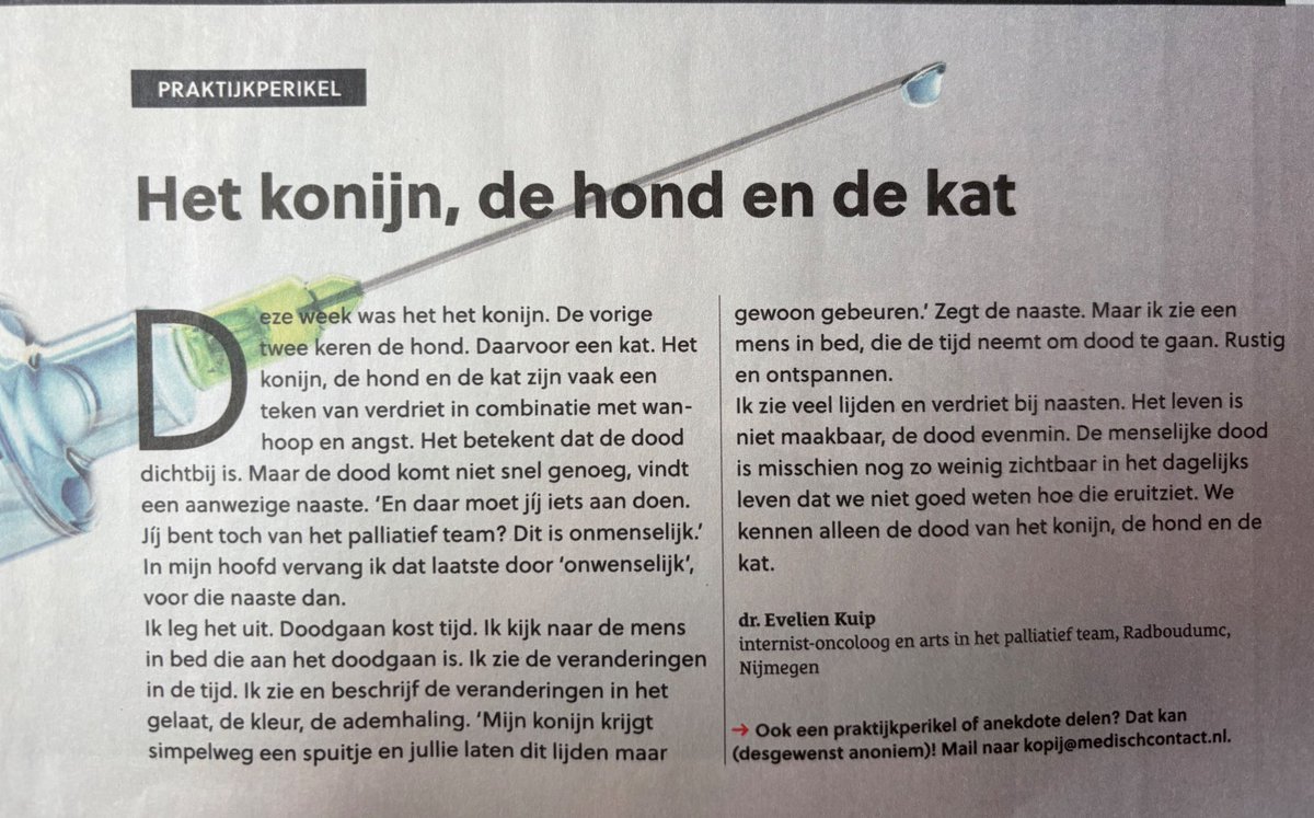 Jan Peter Rake (@janpeterrake) on Twitter photo Het leven is niet maakbaar, de dood evenmin. Maar omdat βweβ alleen nog de dood van het konijn, de hond en de kat kennen, verwarren we overlijden met lijden. Terwijl doodgaan gewoon tijd mag kosten.
Mooie praktijkperikel @medischcontact van collega Evelien Kuip <a href="/radboudumc/">Radboudumc</a> Het leven is niet maakbaar, de dood evenmin. Maar omdat βweβ alleen nog de dood van het konijn, de hond en de kat kennen, verwarren we overlijden met lijden. Terwijl doodgaan gewoon tijd mag kosten.
Mooie praktijkperikel @medischcontact van collega Evelien Kuip <a href="/radboudumc/">Radboudumc</a>