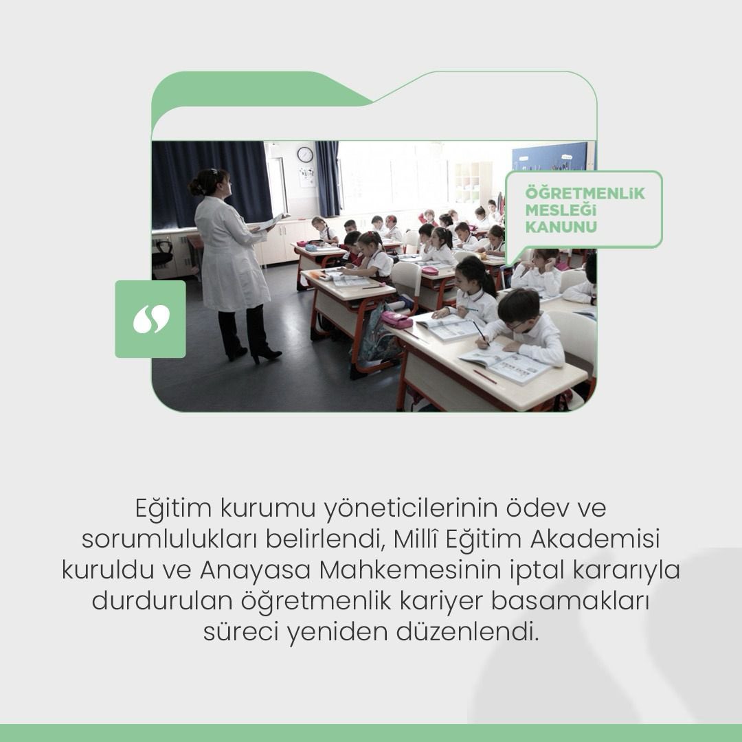 Öğretmenlik Mesleği Kanunu ile eğitim kurumu yöneticilerinin, profesyonelleşmelerini güçlendirmek için Millî Eğitim Akademisinde görev öncesinde yönetici yetiştirme programına alınmalarına imkân sağlandı.
<a href="/tcmeb/">Millî Eğitim Bakanlığı</a> 
<a href="/Yusuf__Tekin/">Yusuf Tekin</a> 
<a href="/MersinMEM/">Mersin İl Millî Eğitim Müdürlüğü</a> 
<a href="/fazilet_durmus/">Fazilet Öğretmen 🇹🇷</a> 
<a href="/erddlk33/">Erdal DÖLEK 🇹🇷</a>
