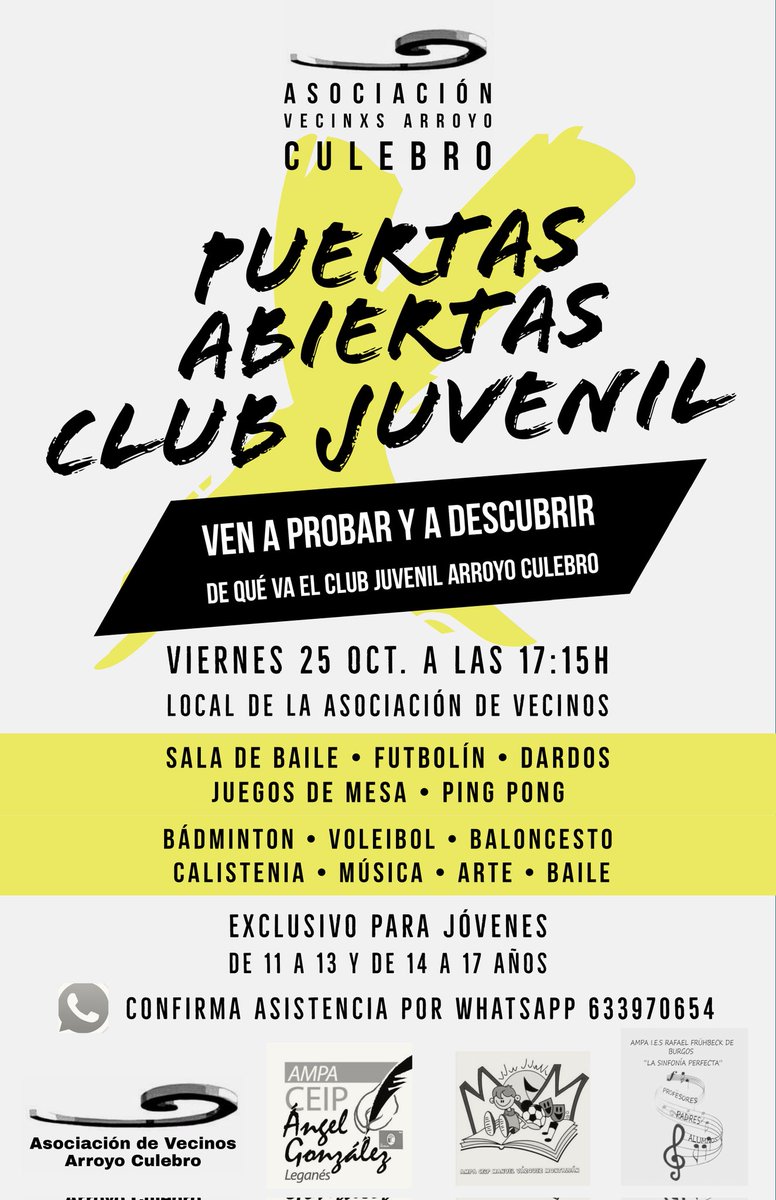 🥰 Más de 20 madres y padres han venido a la reunión donde contamos que será el Club Juvenil Arroyo Culebro!

📢 VEN A PROBAR
El viernes 25 oct. cualquier joven del barrio entre 11 y 17 años puede venir a probar!
🎯🥅🏸🎨🎶👯‍♂️