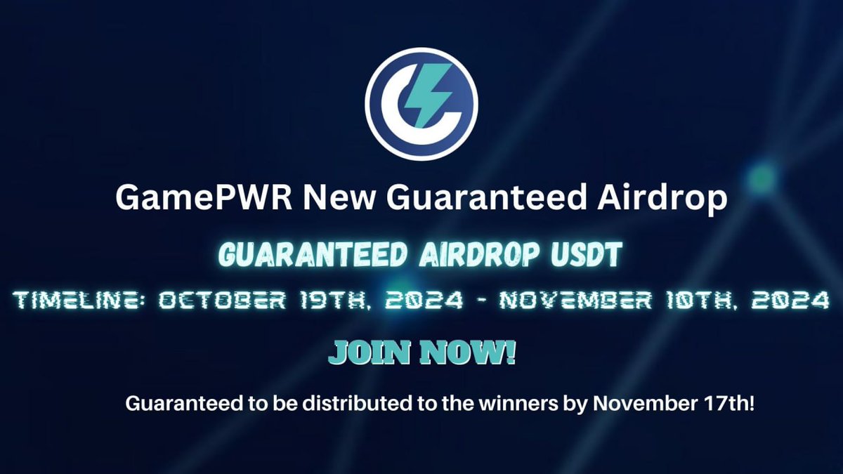 New Bot Airdrop: GamePWR (New Guaranteed &amp; Random USDT)
Reward: 2 USDT
News: Guaranteed, Toobit, Backers
Distribution date: November 17th

🔗Airdrop Link: t.me/GamePWRGuarant…

1: The top 100 referrals will each get more USDT
2: Guaranteed distributed to the winners by