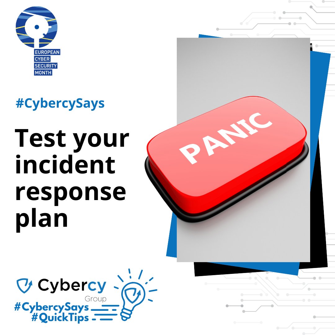 Another #CyberSecMonth daily #QuickTip to improve your security!

Today, #CybercySays having a response plan is great. But testing it is even better. That way, you know it will work when you need to rely on it!

#CyberSecurityMonth #FollowForMoreTips through the month