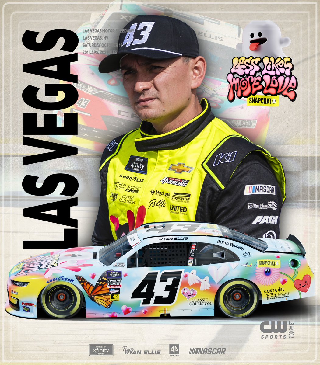 Horton2802's tweet photo. It’s race day for @ryanellisracing and the #43 @Snapchat #LessLikesMoreLove Camaro from @LVMotorSpeedway.
🟢 7:00 PM ET
📺 @TheCW_Sports
📻 PRN | @SiriusXMNASCAR
@TeamAlphaPrime @TeamRyanEllis @classicollision @CostaOils @EclipseClaims @DakotaRiggers @AVSpecialists_ https://t.co/brrBL4dLxu