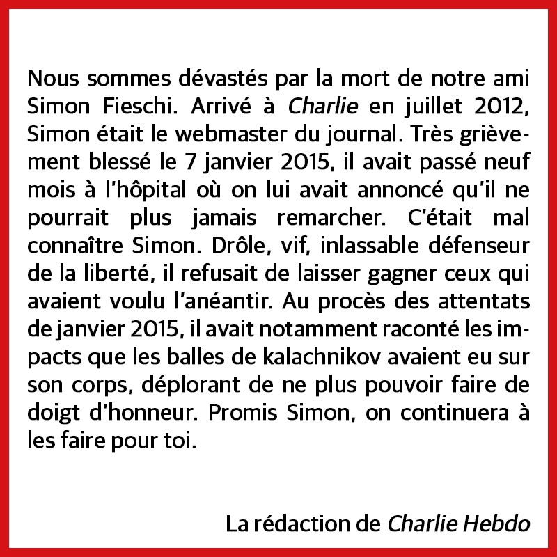 Charlie_Hebdo_'s tweet image. Nous avons perdu notre ami, Simon.