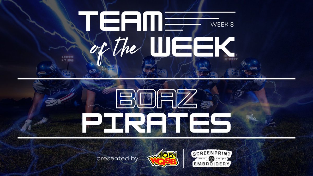 qsbscoreboard's tweet photo. Congrats to the Boaz Pirates— this weeks WQSB-Dixie Designs Team of the Week! 🏈🏆 They’ll get the Team of the Week Trophy &amp; T-shirts! Join us every Friday at 9pm for the WQSB High School Football Scoreboard. New Team of the Week announced next Friday night! https://t.co/IZTANshurt