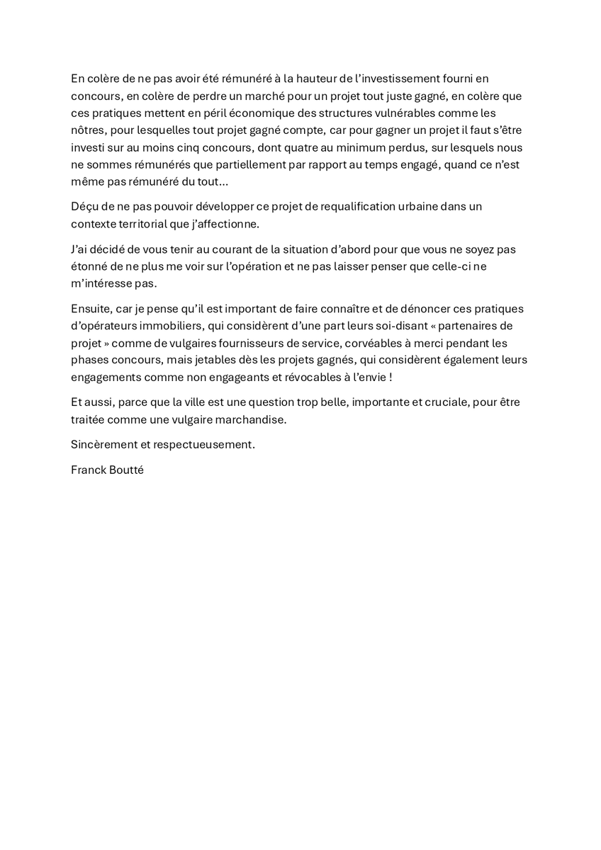 🏗️ J'entends encore souvent des copros et des locataires rendre les architectes/concepteurs responsables de l'abîme qui sépare ce qui nous est promis de ce qui nous est livré dans le neuf 🏚️ 
👀 Alors prenez 2 mn pour lire cet instructif courrier de <a href="/fboutte/">Franck Boutté</a> au maire de xxx  😐