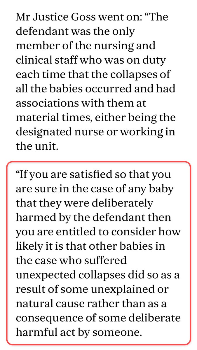 LucyLetbyTrials's tweet photo. Indeed, Justice Goss gave jurors permission to use their early certainty about Letby's guilt in the insulin cases as evidence pointing to her guilt in all the other cases.

https://t.co/SQA5wDuhYe https://t.co/WQM9W5CZkI