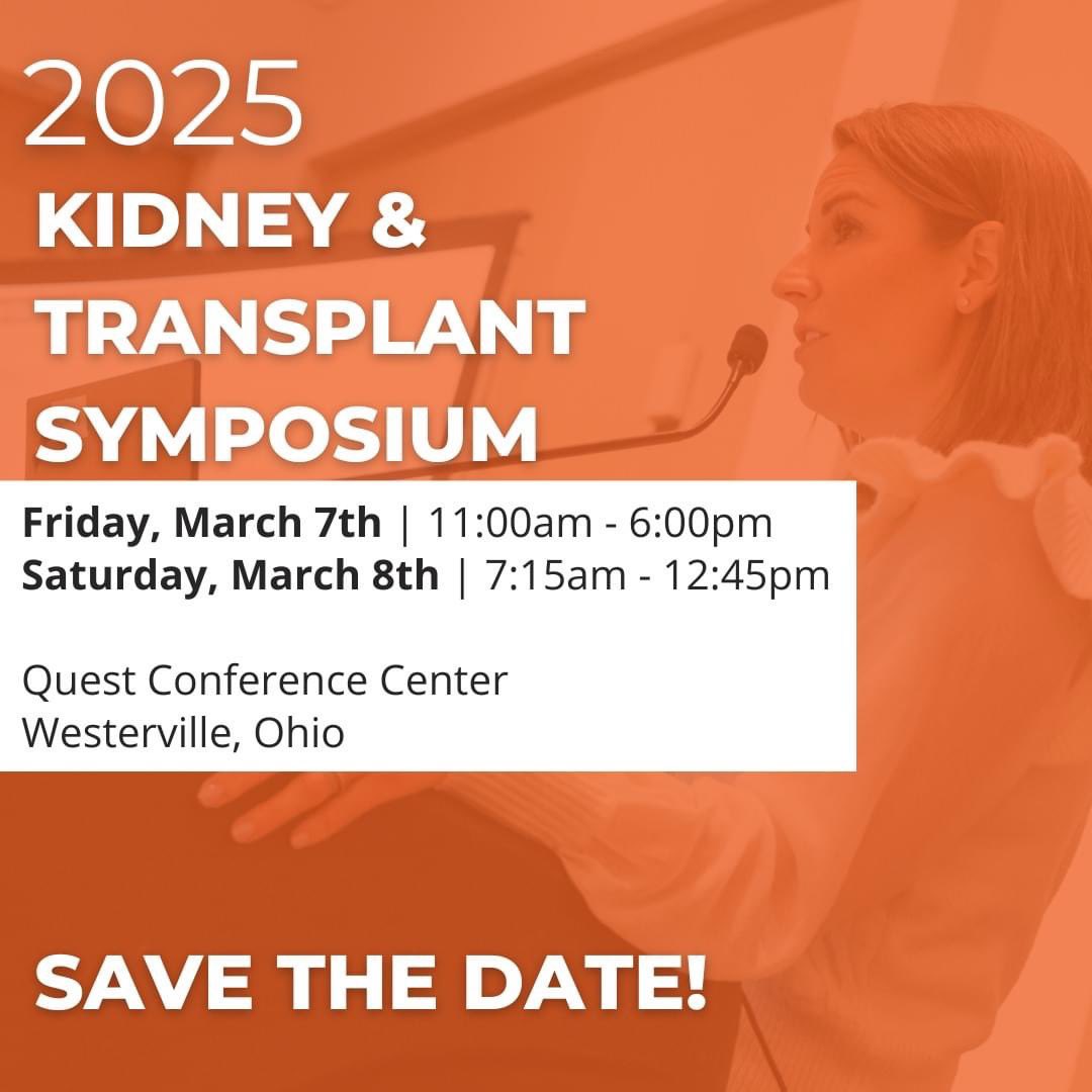 NKFCentralOH's tweet photo. Mark your calendars! The 2025 Kidney &amp; Transplant Symposium will be held on March 7 + 8, 2025. This 2 day-long program is designed to expand the knowledge of the health professionals who serve the kidney community. Earn 8 CME credits and learn about the latest in kidney health. https://t.co/1gNngBks94