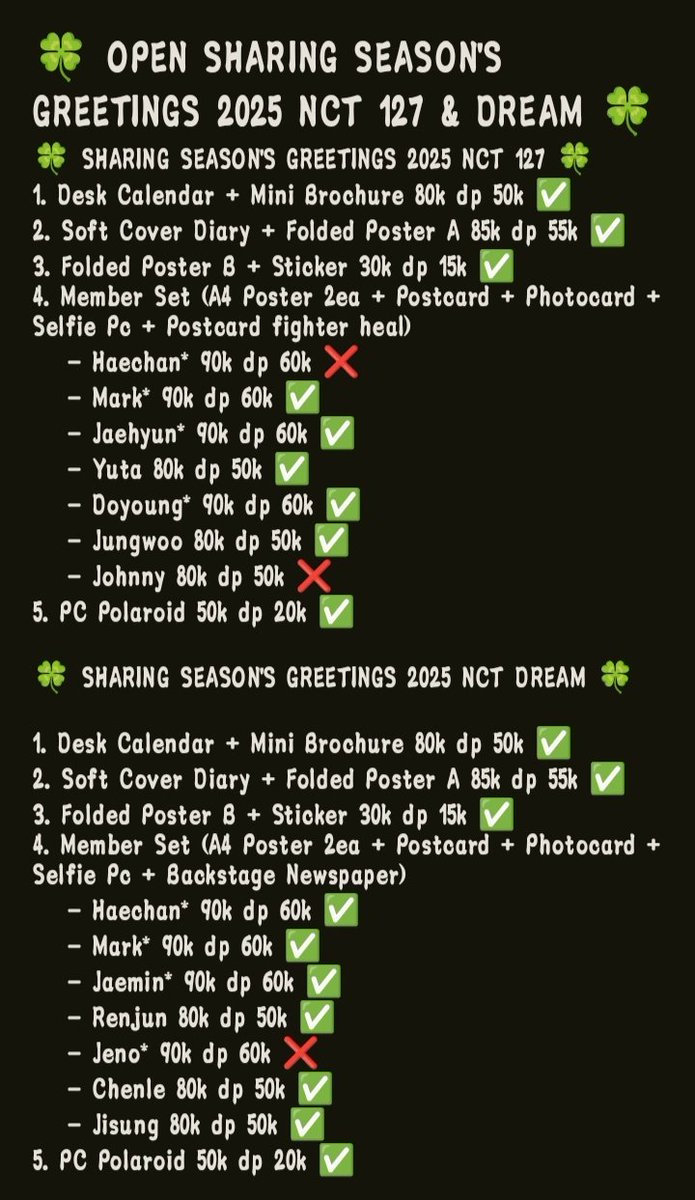 Sasyaathc's tweet photo. OPEN SHARING SEASON'S GREETINGS 2025 NCT DREAM &amp; NCT 127

🌱 Est bersih ina, 2kg
🌱 * Pair diakhir bila tidak full
📍 Jakarta
🚨 Close 21/10/24

#zonauang #Zonajajan #wts #wtb #opshar pc sg25 Haechan Mark Jaemin Renjun Jeno Chenle Jisung Johnny Yuta Doyoung Jaehyun Jungwoo no pob https://t.co/gLt85e5sX3