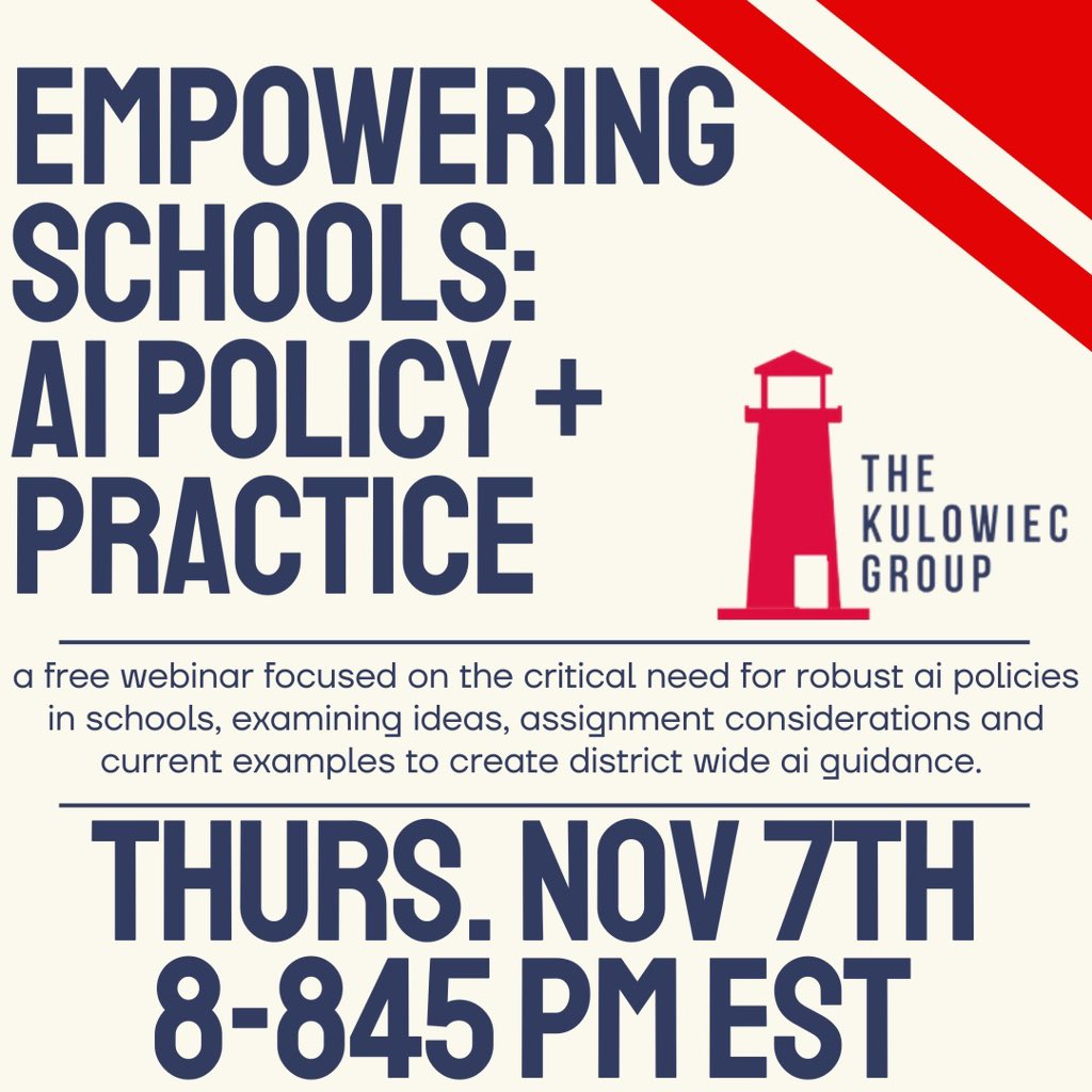 Empowering Schools: AI Policy +Practice
Free Webinar
Sign up and share your thoughts:

docs.google.com/forms/d/e/1FAI…

Some considerations regarding AI policy from those who have already signed up:

📍How do we develop a policy that is supportive of the positive uses of AI, but also