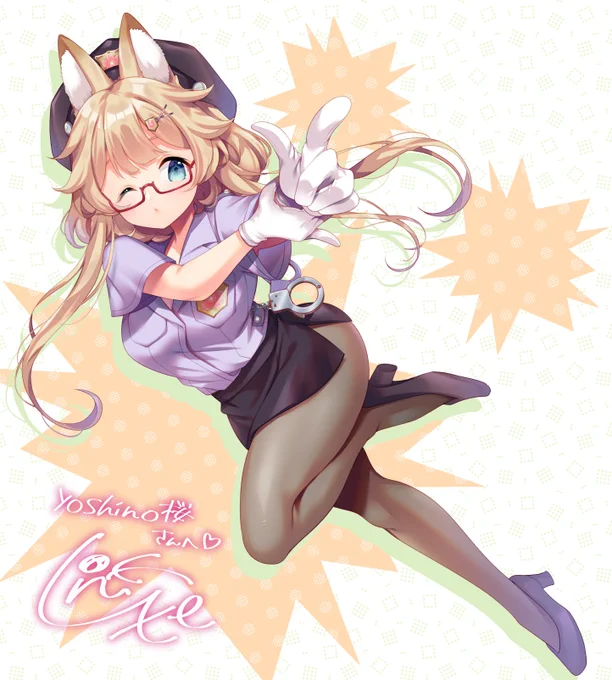 skebにて、Vtuberのyoshino桜さんのミニスカポリス姿を描かせていただきました!ば〜んストッキングも似合います!ありがとうございました 