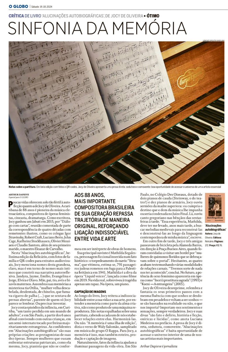 Escrevi uma resenha do novo livro da compositora Jocy de Oliveira para a  edição de hoje do jornal “O Globo”., image size:779x1200