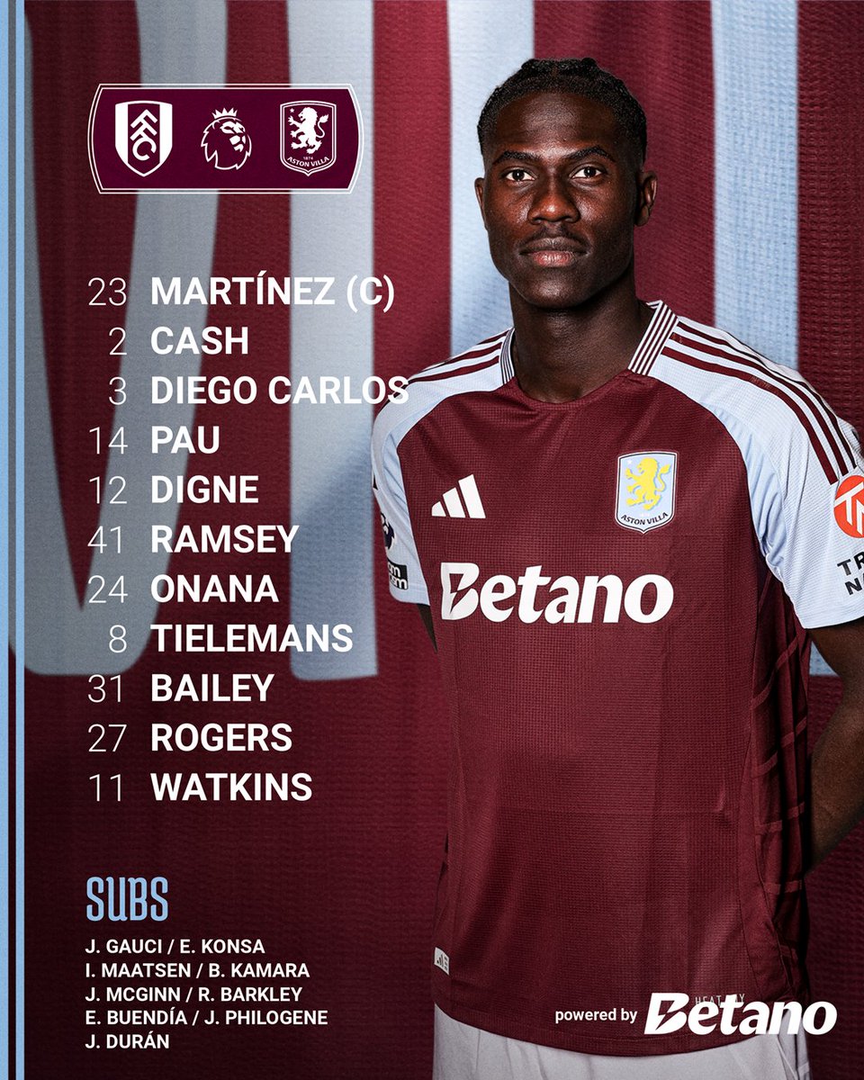 AVFCOfficial's tweet photo. Your Aston Villa starting XI this afternoon 🟣

#FULAVL || #UpTheVilla https://t.co/SGZIvhpsFI