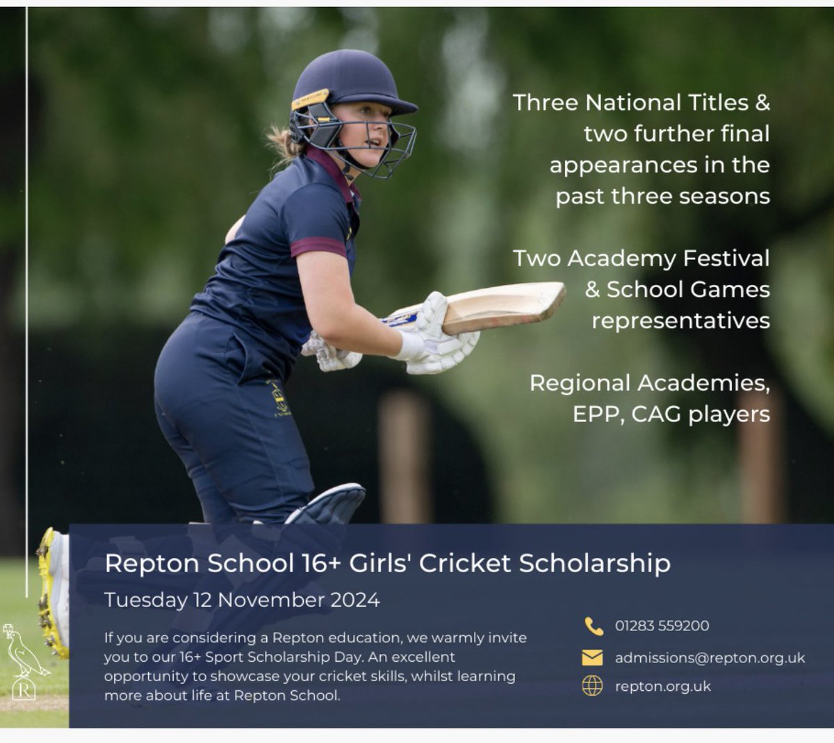 16+ Scholarship Day 🔵🟡🏏

A world class 6th Form education?

Being part of one of the best High Performance Cricket Programmes in the country?

Our Scholarship Day is a fantastic opportunity to find out what a Repton education could do for you! 

#WeAreRepton 
<a href="/ReptonSport/">Repton School Sport</a>