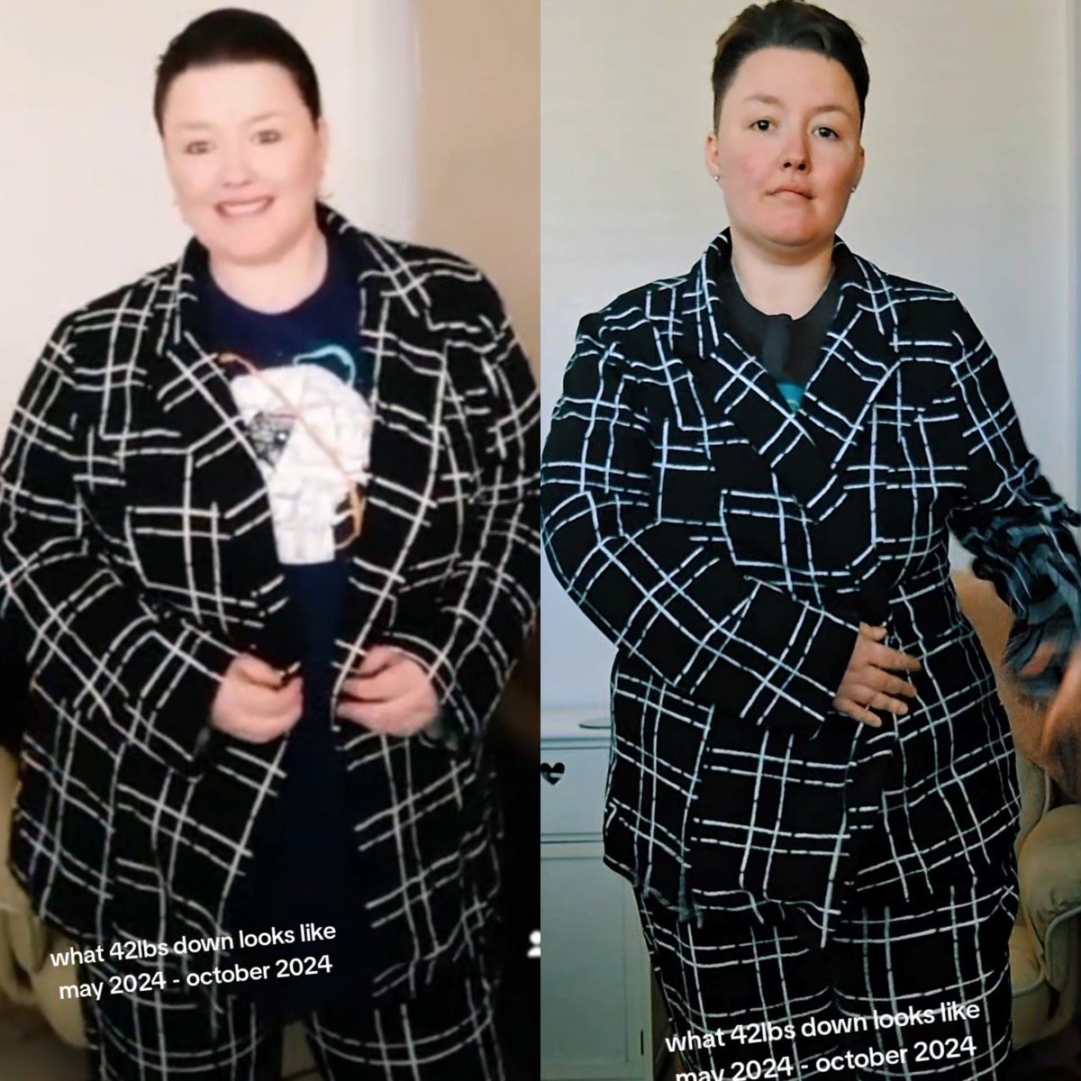 Posted a silly reel on my insta (becklowemsc 😉) but just posting the pic here - from barely fastening to wrapping, this blazer fits different and the 42lb weight loss HITS different! ✨️ 58lbs to goooo! #weightlossjourney #losingweight #beforeandafter
