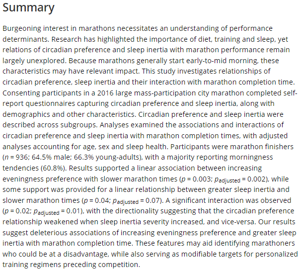 Jesse Cook (@sleepandsports) on Twitter photo New publication exploring the interrelations of circadian preference, sleep inertia, and their interaction with marathon performance using a large sample (n = 936) of participans in the 2016 London Marathon!
Great work team: <a href="/ThisisMattGratt/">Matt Gratton</a> <a href="/jocharest1/">Dr. Jonathan Charest</a> <a href="/Sleep4Sport/">Dr. Amy M. Bender</a> New publication exploring the interrelations of circadian preference, sleep inertia, and their interaction with marathon performance using a large sample (n = 936) of participans in the 2016 London Marathon!
Great work team: <a href="/ThisisMattGratt/">Matt Gratton</a> <a href="/jocharest1/">Dr. Jonathan Charest</a> <a href="/Sleep4Sport/">Dr. Amy M. Bender</a>