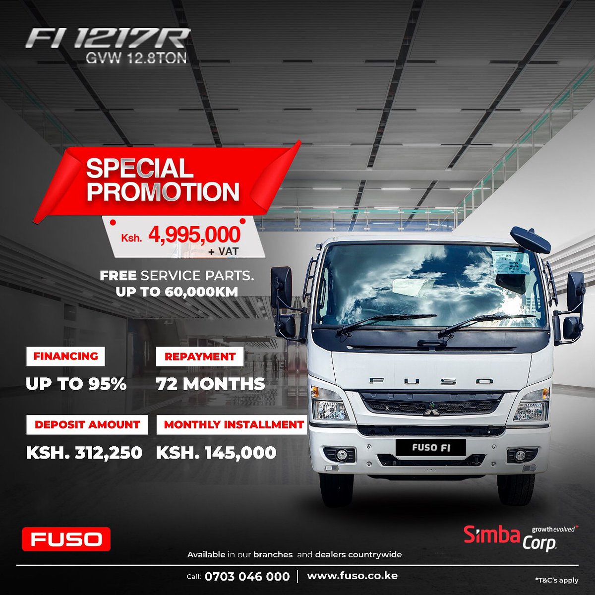 radiomaisha's tweet photo. Don’t miss out!

The Fuso FI is now available on a special offer for Kshs. 4.995 million + Vat with up to 60,000km Free Service Parts. T&amp;Cs apply.
BUY YOURS NOW!
📞0703046000 🌐https://t.co/dzEH3rhoUx

#fusokenya #fusofi #simbacorp @simbacorp_ke https://t.co/S2QyQL0t1K