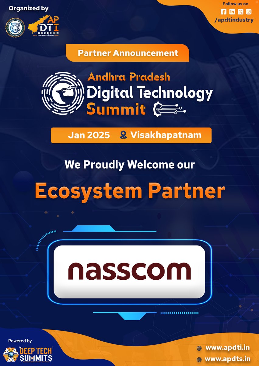 #Nasscom joins as the #Ecosystem Partner for #APDTS 2025 in #Visakhapatnam!

Get ready for a groundbreaking #summit exploring 7 key #digital tech sectors in #Vizag.

Visit our websites:
apdti.in
apdts.in (Coming Soon) 

#DigitalTechnologySummit