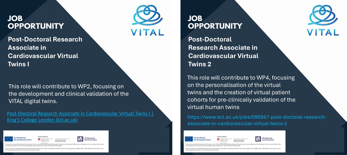 VITAL (@vitalhorizoneu) on Twitter photo We have two Postdoc positions available in the VITAL Study at King's College London!
1️⃣ Developing and validating digital twins. kcl.ac.uk/jobs/095966-po…
2️⃣  Personalising virtual twins and creating patient cohorts. kcl.ac.uk/jobs/095947-po… Apply before October 27th We have two Postdoc positions available in the VITAL Study at King's College London!
1️⃣ Developing and validating digital twins. kcl.ac.uk/jobs/095966-po…
2️⃣  Personalising virtual twins and creating patient cohorts. kcl.ac.uk/jobs/095947-po… Apply before October 27th