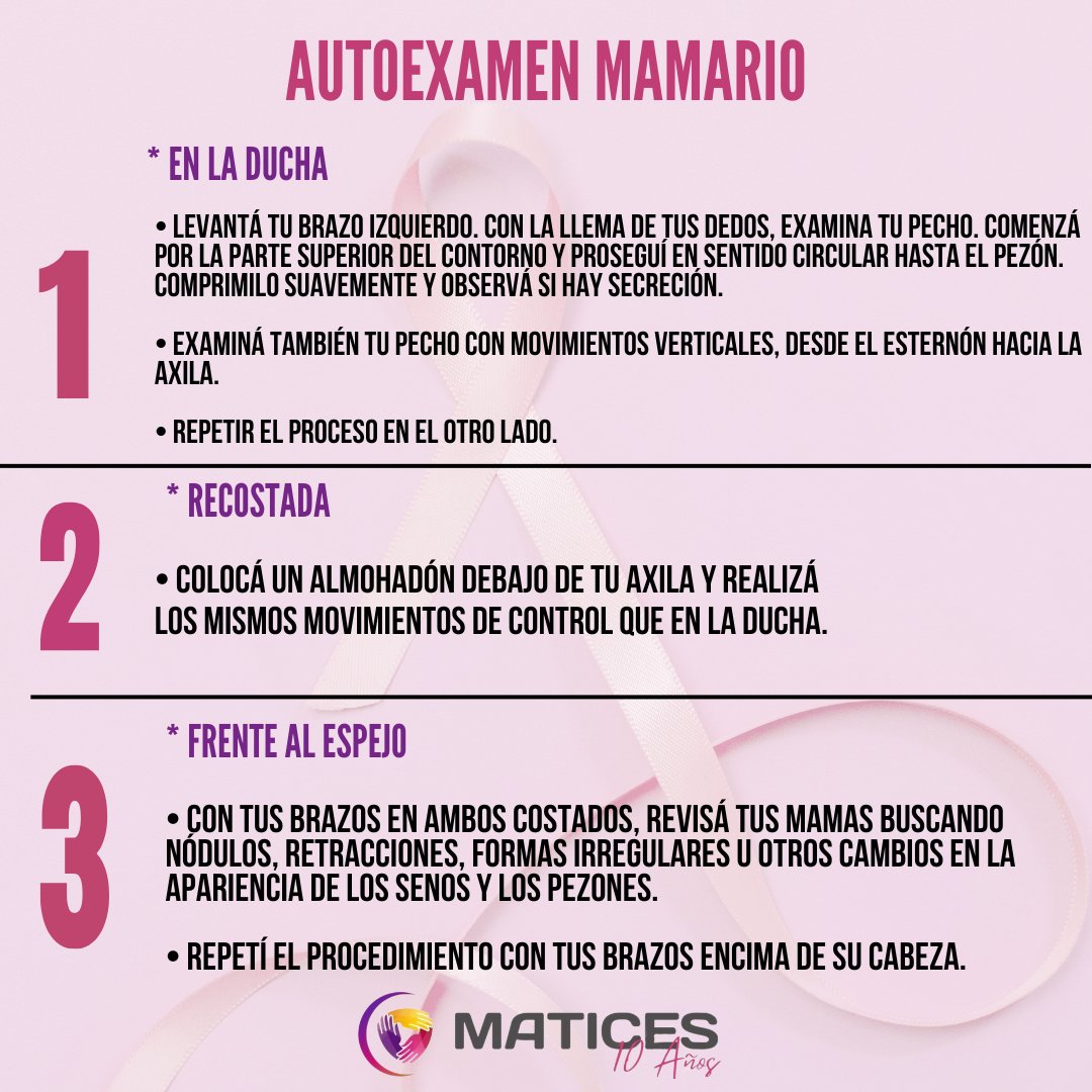 Matices_AC's tweet photo. 🩷 Octubre mes de la lucha contra el cáncer de mama. 

➡️ La mejor manera de luchar contra el cáncer de mama es promover la detección temprana.

🖐🏻 Podés realizarte el autoexamen mamario. Y la mamografía se la pueden realizar a partir de los 40 años. 

#MesRosa #prevencion #lucha https://t.co/HJkkbKsbZh