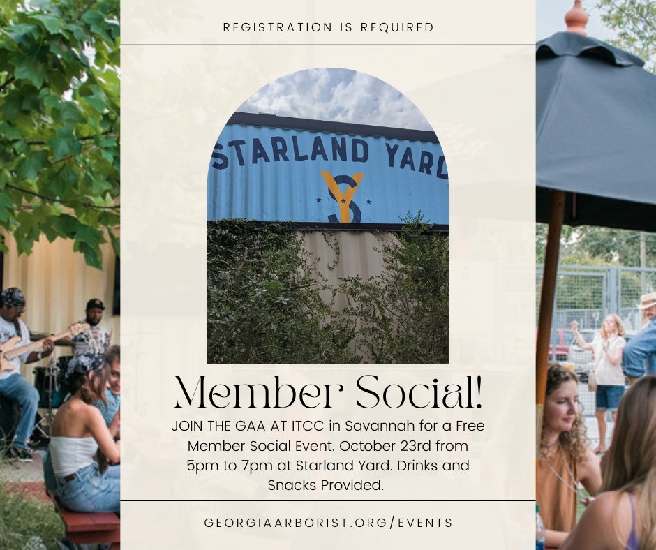 Happy National New Friends Day! Come to one of GAA's events &amp; make new friends! We have a member social at ITCC in Savannah next week (Oct. 23). Meet other GAA members on Wed., 5-7PM, at Starland Yard in Savannah! It's free for members &amp; $25 for guests. members.georgiaarborist.org/event-5892405