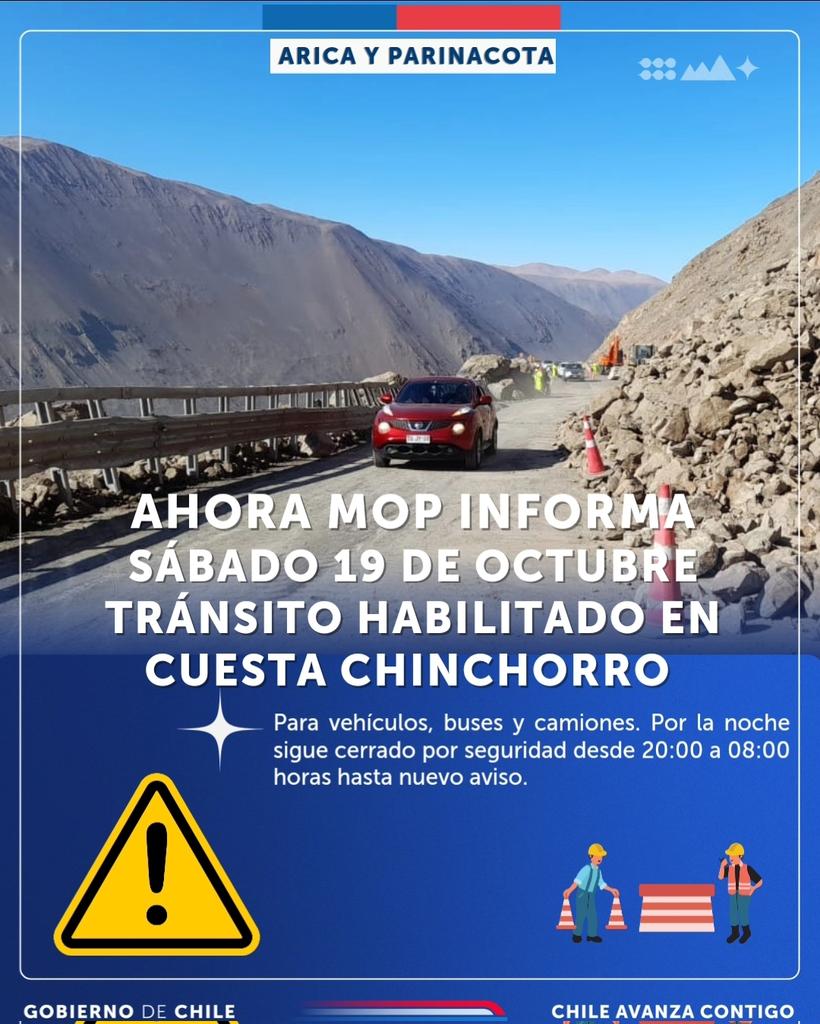 moparica's tweet photo. 🟢MOP INFORMA a esta hora sábado 19 de octubre tránsito 👉 habilitado en ruta 5 cuesta Chinchorro.
✅️Recuerde entre 20:00  y 08:00 horas se mantiene cerrado al paso de todo tipo de vehículos.
✅️Se recomienda precaución a quienes circulen 🛻🚛por la zona afectada. 👷‍♀️🚧👷 https://t.co/8Z9haKnWn4