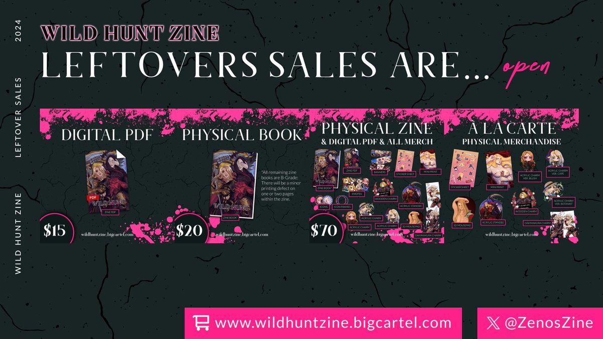 🩸LEFTOVER SALES ARE OPEN🩸
Now's your last chance to obtain Wild Hunt, an FFXIV Zenos Zine~ Leftover Sales are OPEN until Nov 17th, and physical item stock is limited!

As a reminder, all proceeds will be donated to Rotary International 😊

Big Cartel: wildhuntzine.bigcartel.com