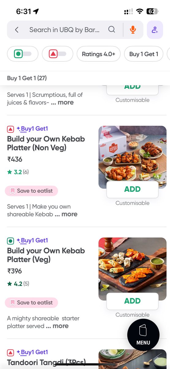 Peepofatclips's tweet photo. @SwiggyCares @Swiggy  trying to place order for a buy 1 get 1 offer at Ubq by barbecue nation, Chennai. I try to add the best value for money option for the offer but it’s not taking me to the cart, this’s done on purpose, cancelling my Swiggy one subscription. Scam offers. https://t.co/9JR2Gh4yka