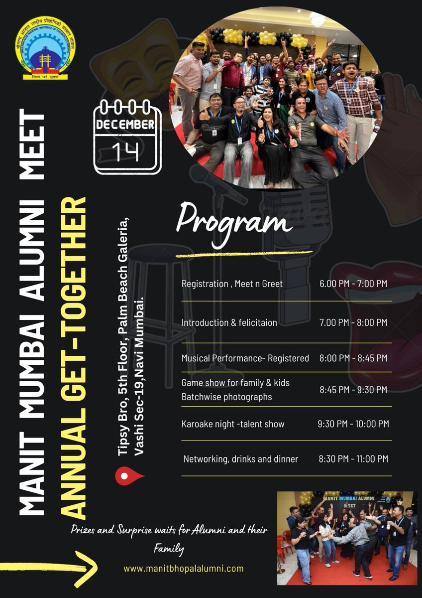 MANITAlumniCell's tweet photo. The Manit Mumbai Alumni Annual event is annouced for 14-Dec-2024, please use this link to register:
https://t.co/sCPXFRE2Rs https://t.co/iVC8YpLir3