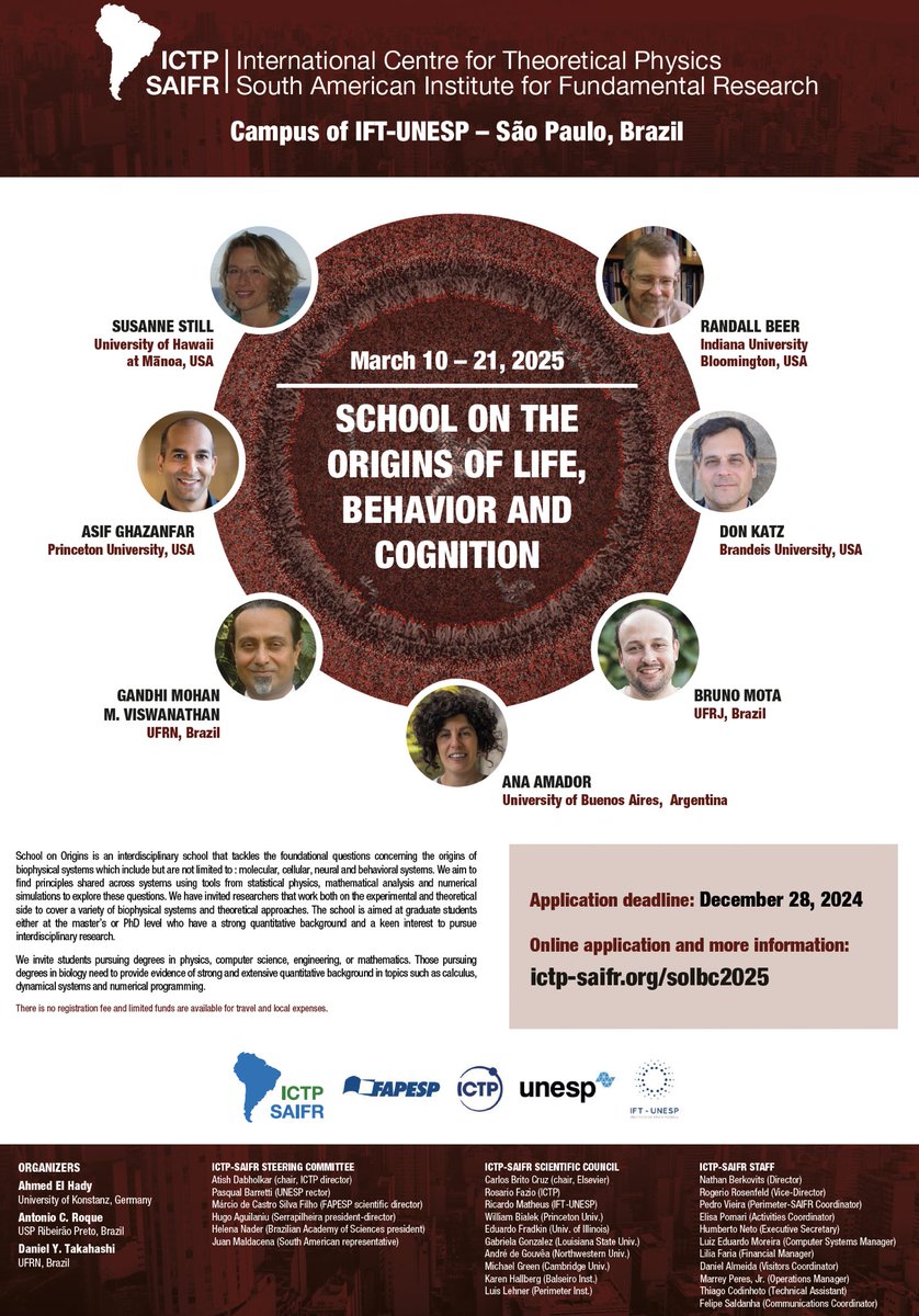 Plz retweet this exciting school announcement 🙌🏾: 

School on the Origins of Life, Behavior and Cognition
Dates : March 10-21, 2025
Location: ICTP-SAIFR, São Paulo, Brazil
Application Deadline: December 28, 2024
All details and application procedure can be found here: