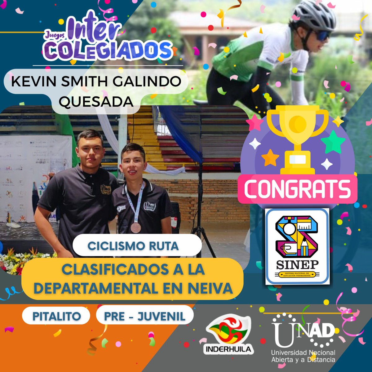 UNAD_ZonaSur's tweet photo. ¡Felicitaciones! Nuestro estudiante, representante del SINEP, se destacó en los Juegos Intercolegiados en Pitalito, logrando un impresionante 3° lugar en Crono y 4° lugar en la Ruta de Ciclismo. ¡Ahora se prepara para la clasificatoria departamental en Neiva! https://t.co/BJZqKKe7jp