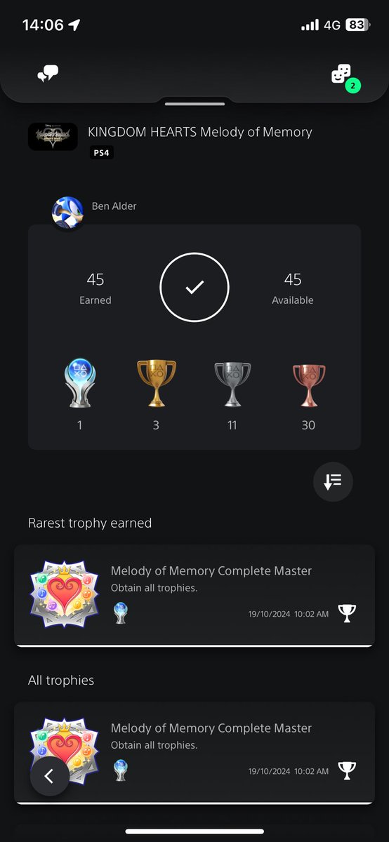 TheBenAlder's tweet photo. I have officially got every Platinum for the #KingdomHearts series available on the PS4. Melody Of Memory was more fun than anticipated up until the final grind. https://t.co/J7VSZy8bTq