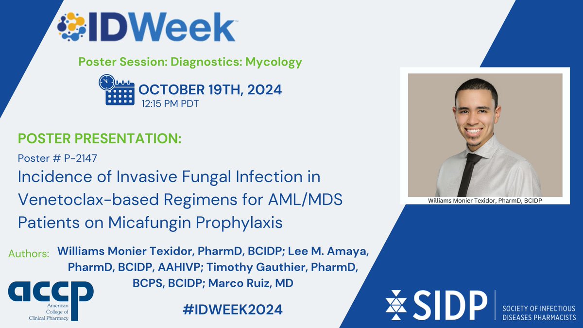 Micafungin as primary antifungal prophylaxis in AML/MDS patients receiving venetoclax-based regimens demonstrates a comparable incidence of IFI at 90 days to previous studies reporting similar outcomes. <a href="/williams_monier/">Williams Monier Texidor, PharmD, BCIDP</a> <a href="/IDstewardship/">Bug Pharmacist 💊🧫 Tim Gauthier</a> <a href="/CeftaroLee/">Lee Amaya</a> #SIDP2024 #IDWeek2024 (6/9)