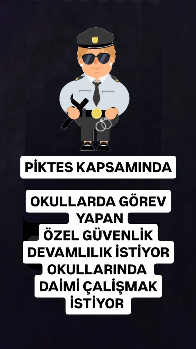 #Piktes Özel Güvenlik okullarında süreklilik istiyor
Eğitimin güvenli ortamda olması için
Okulların Güvende olması için
Canını riske atan özel güvenlikler
Bu Görevi üstlendik <a href="/Guvenlik_is/">Güvenlik-İş Sendikası</a> <a href="/omercagirici/">Ömer Çağırıcı</a> <a href="/mebhbogm/">MEB Hayat Boyu Öğrenme Genel Müdürlüğü</a> <a href="/Yusuf__Tekin/">Yusuf Tekin</a> <a href="/alemdareyup/">Eyüp Alemdar</a> <a href="/chnkvnc/">Cihan KIVANÇ</a> <a href="/CelileErenOKTEN/">Celile Eren ÖKTEN</a> <a href="/RTErdogan/">Recep Tayyip Erdoğan</a>